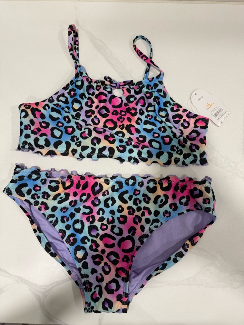 Girls' Rainbow Leopard Print Two-Piece Swim Set - Multicolor Size 14/16